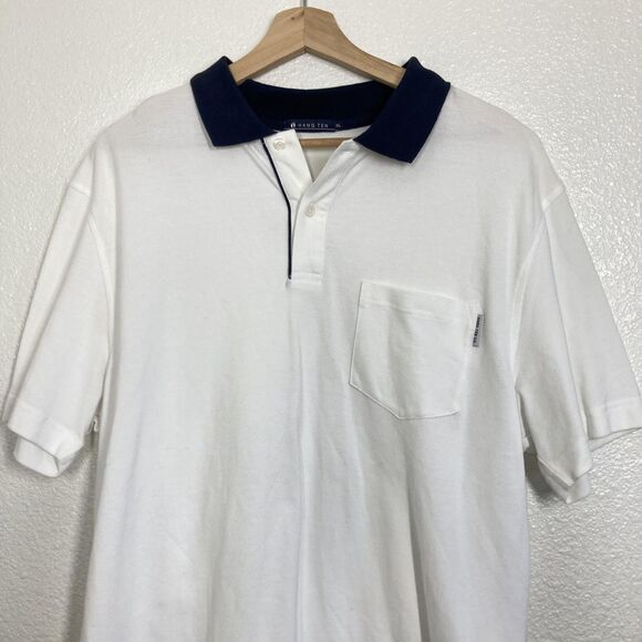Hang Ten Polo Shirt Mens XL Classic Surf Pocket Top White Navy - Picture 2 of 13